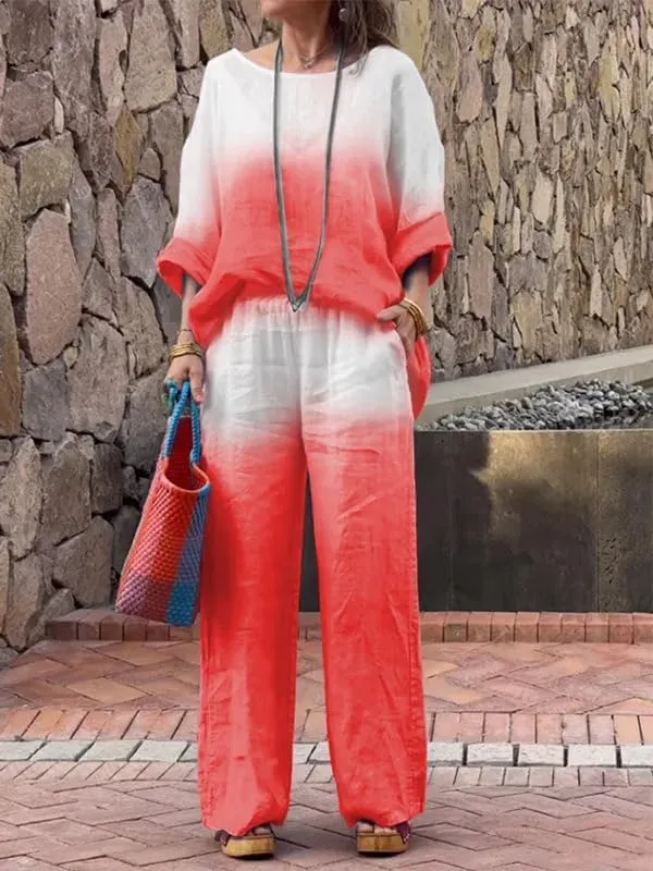 Linen Sets for Women 2 Piece Linen Pants Outfits Casual Long Sleeve Shirts and Wide Leg Pant Linen Suits Plus Size