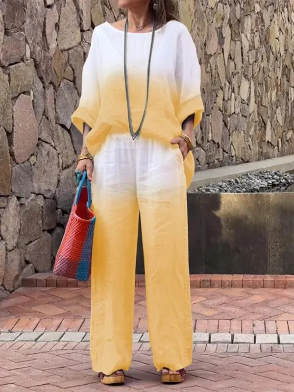 Linen Sets for Women 2 Piece Linen Pants Outfits Casual Long Sleeve Shirts and Wide Leg Pant Linen Suits Plus Size