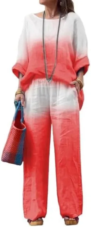Linen Sets for Women 2 Piece Linen Pants Outfits Casual Long Sleeve Shirts and Wide Leg Pant Linen Suits Plus Size