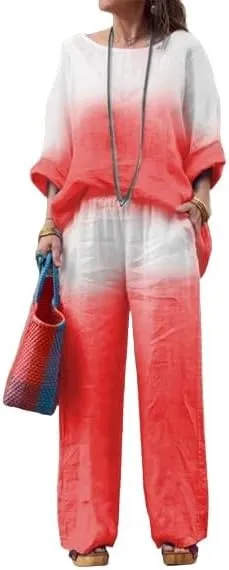 Linen Sets for Women 2 Piece Linen Pants Outfits Casual Long Sleeve Shirts and Wide Leg Pant Linen Suits Plus Size