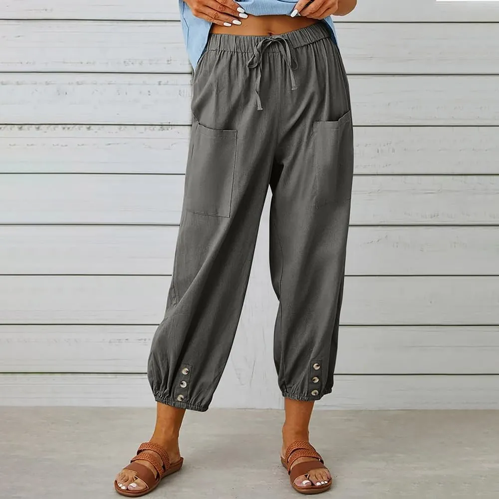 LOAIHA Linen Capri Pants for Women Casual High Waist Drawstring Elastic Button Bottom Boho Floral Loose Trouser with Pockets