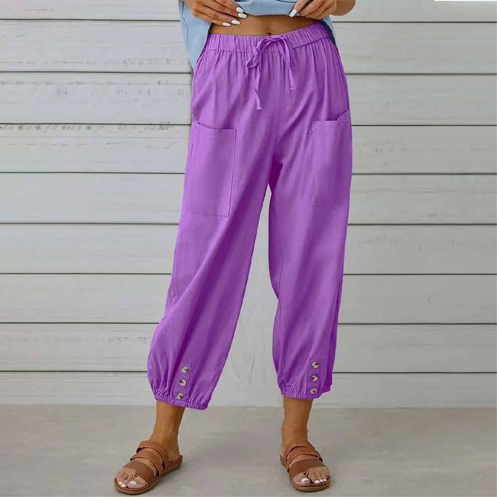 LOAIHA Linen Capri Pants for Women Casual High Waist Drawstring Elastic Button Bottom Boho Floral Loose Trouser with Pockets