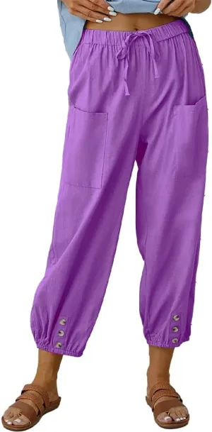 LOAIHA Linen Capri Pants for Women Casual High Waist Drawstring Elastic Button Bottom Boho Floral Loose Trouser with Pockets