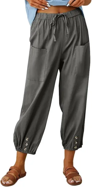 LOAIHA Linen Capri Pants for Women Casual High Waist Drawstring Elastic Button Bottom Boho Floral Loose Trouser with Pockets