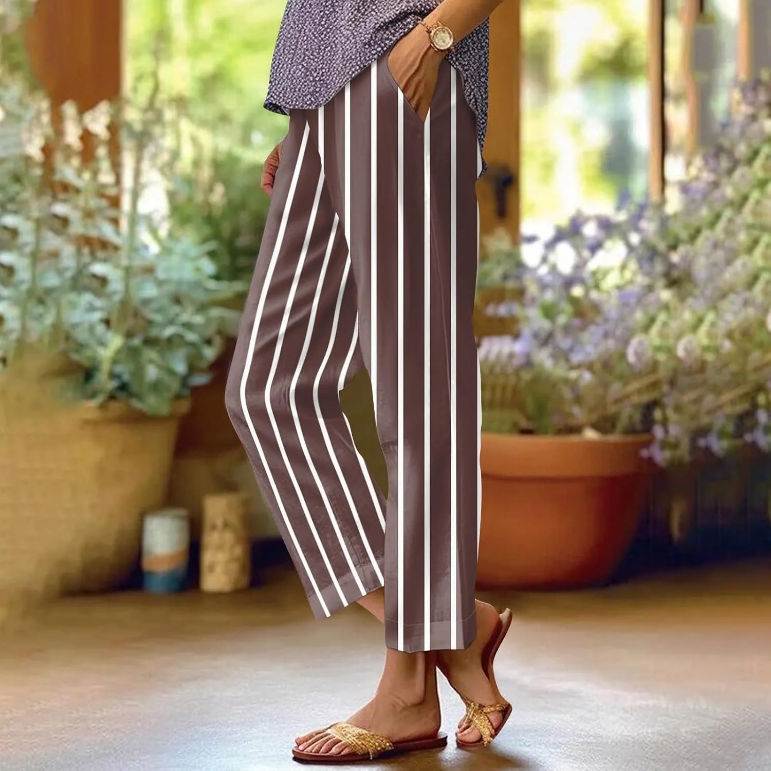 Lounge Pants Women Petite Linen Elastic Waisted Drawstring Pants with Pockets Solid Casual Summer Cropped Pants