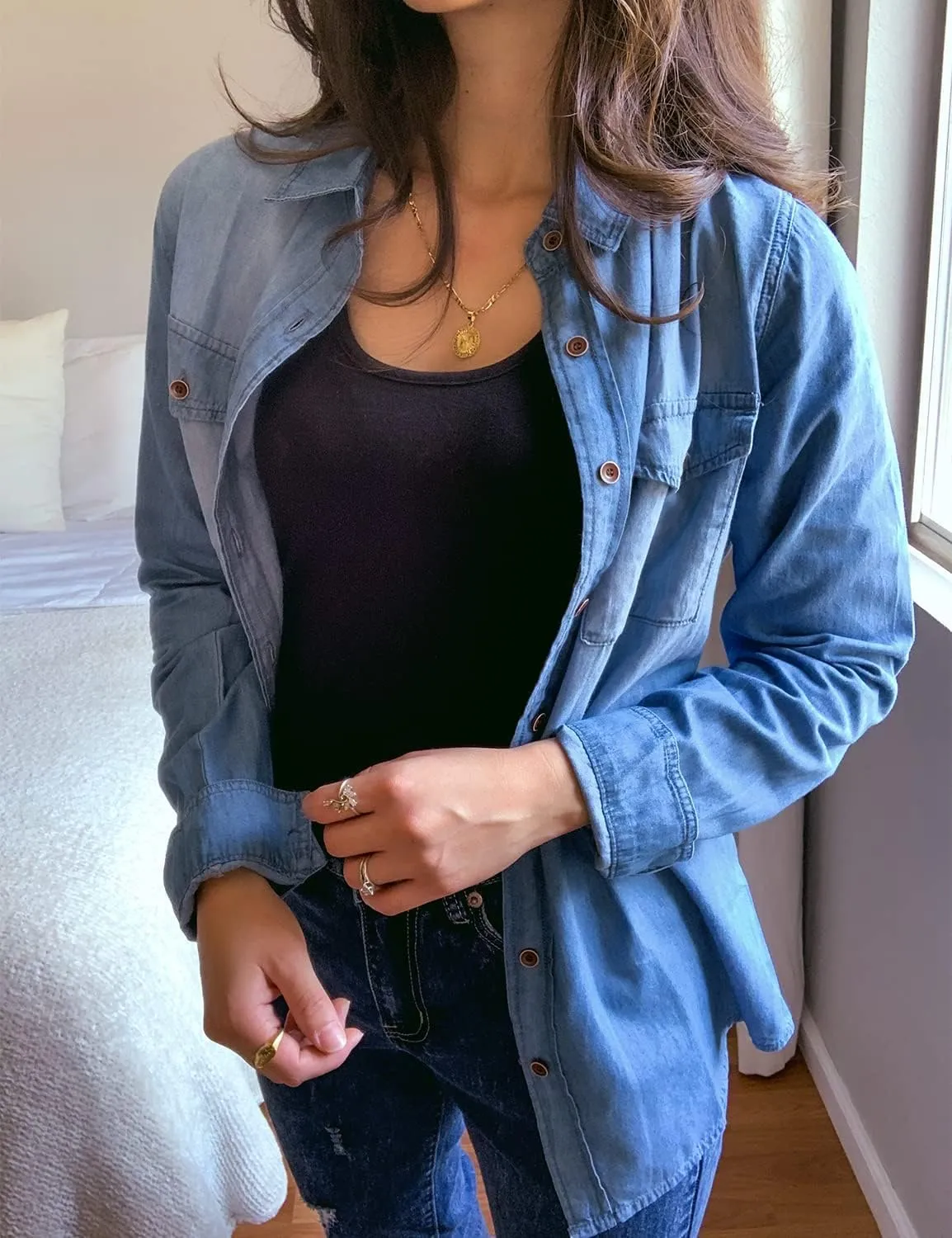 luvamia Denim Shirt Women Chambray Jean Western Shirts Long Sleeve Button Down Tops