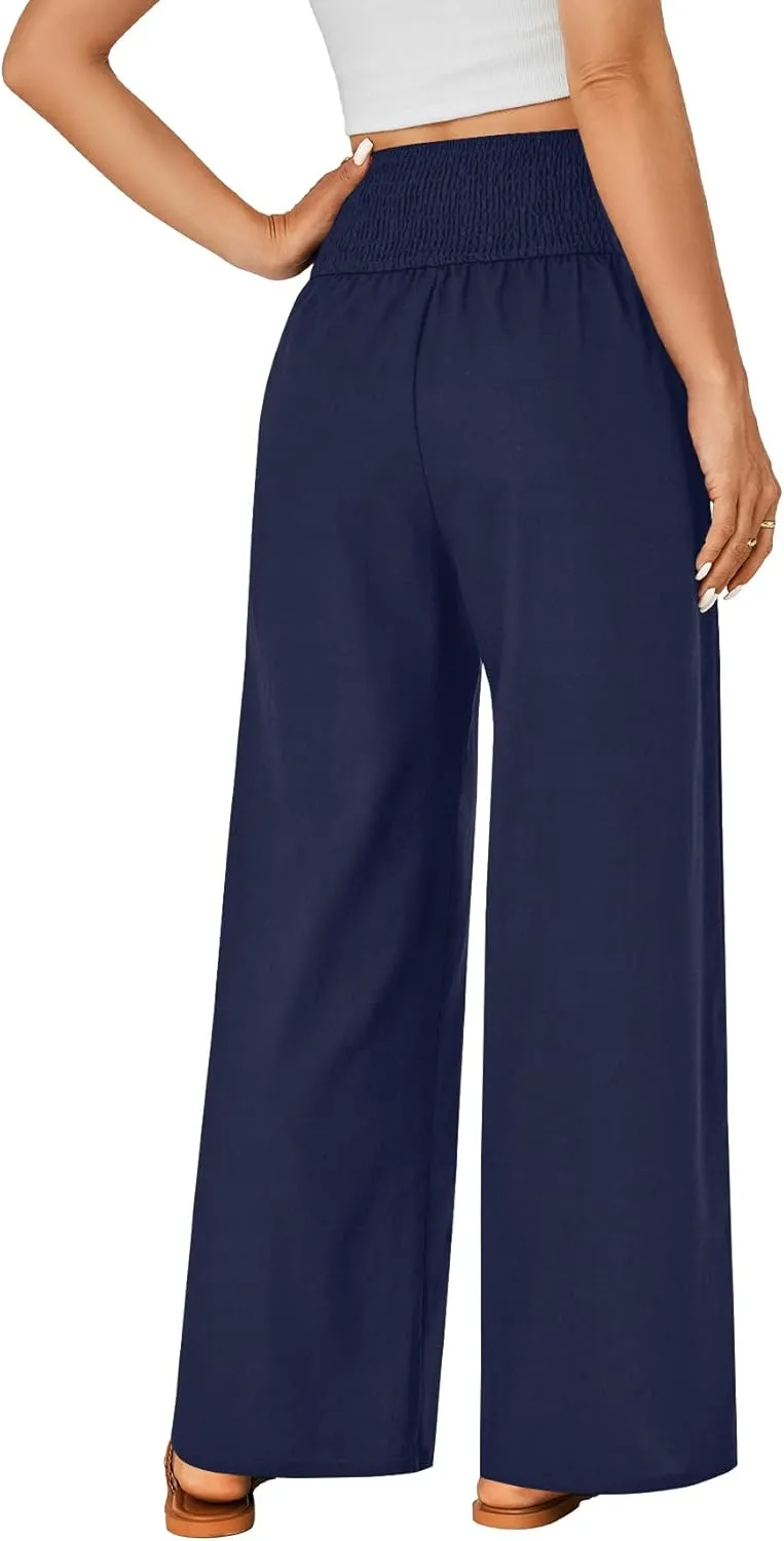 LYANER Women's Cotton Linen Palazzo Pants Elastic High Waisted Wide Leg Long Trousers with Pockets