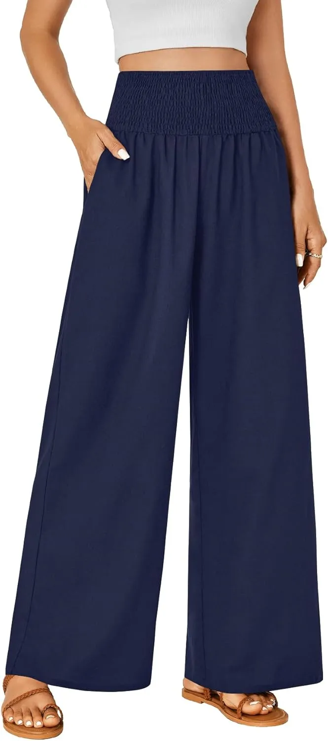 LYANER Women's Cotton Linen Palazzo Pants Elastic High Waisted Wide Leg Long Trousers with Pockets