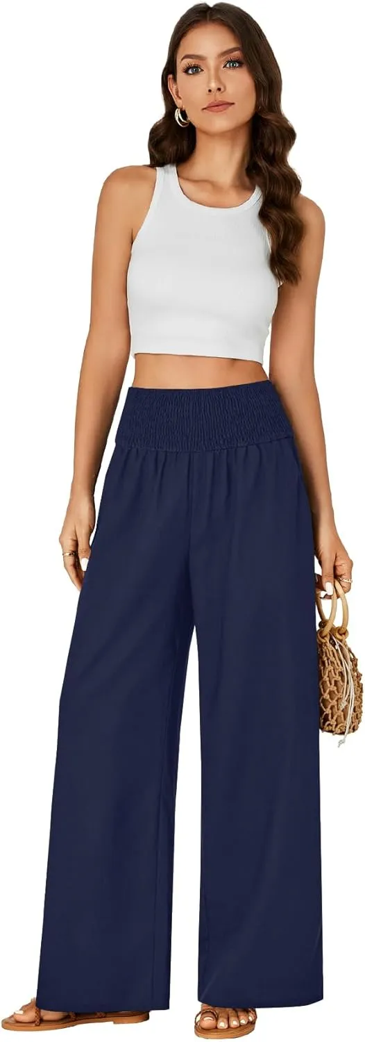 LYANER Women's Cotton Linen Palazzo Pants Elastic High Waisted Wide Leg Long Trousers with Pockets