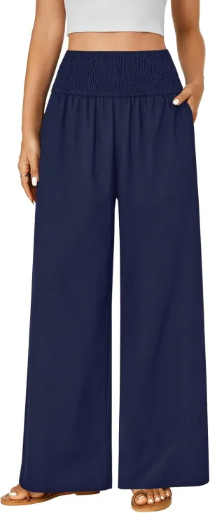 LYANER Women's Cotton Linen Palazzo Pants Elastic High Waisted Wide Leg Long Trousers with Pockets