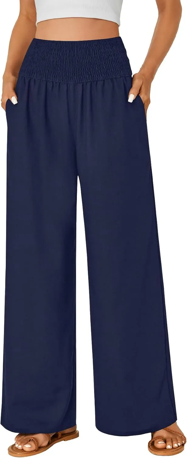 LYANER Women's Cotton Linen Palazzo Pants Elastic High Waisted Wide Leg Long Trousers with Pockets