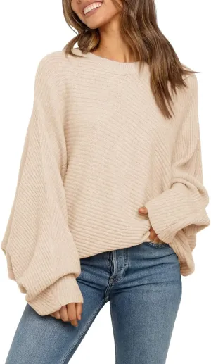Mafulus Women's Oversized Crewneck Sweater Batwing Puff Long Sleeve Cable Slouchy Pullover Jumper Tops