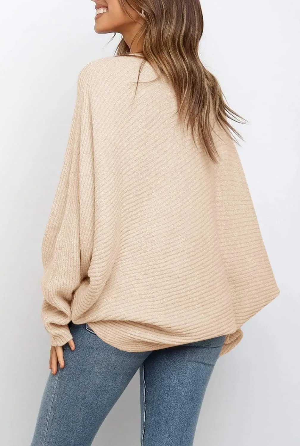Mafulus Women's Oversized Crewneck Sweater Batwing Puff Long Sleeve Cable Slouchy Pullover Jumper Tops