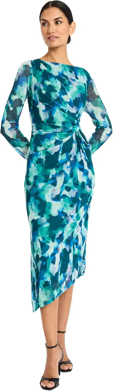 Maggy London Women's Asymmetric Draped Boat Neck Midi Dress
