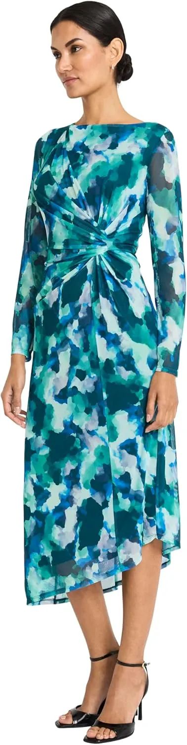Maggy London Women's Asymmetric Draped Boat Neck Midi Dress
