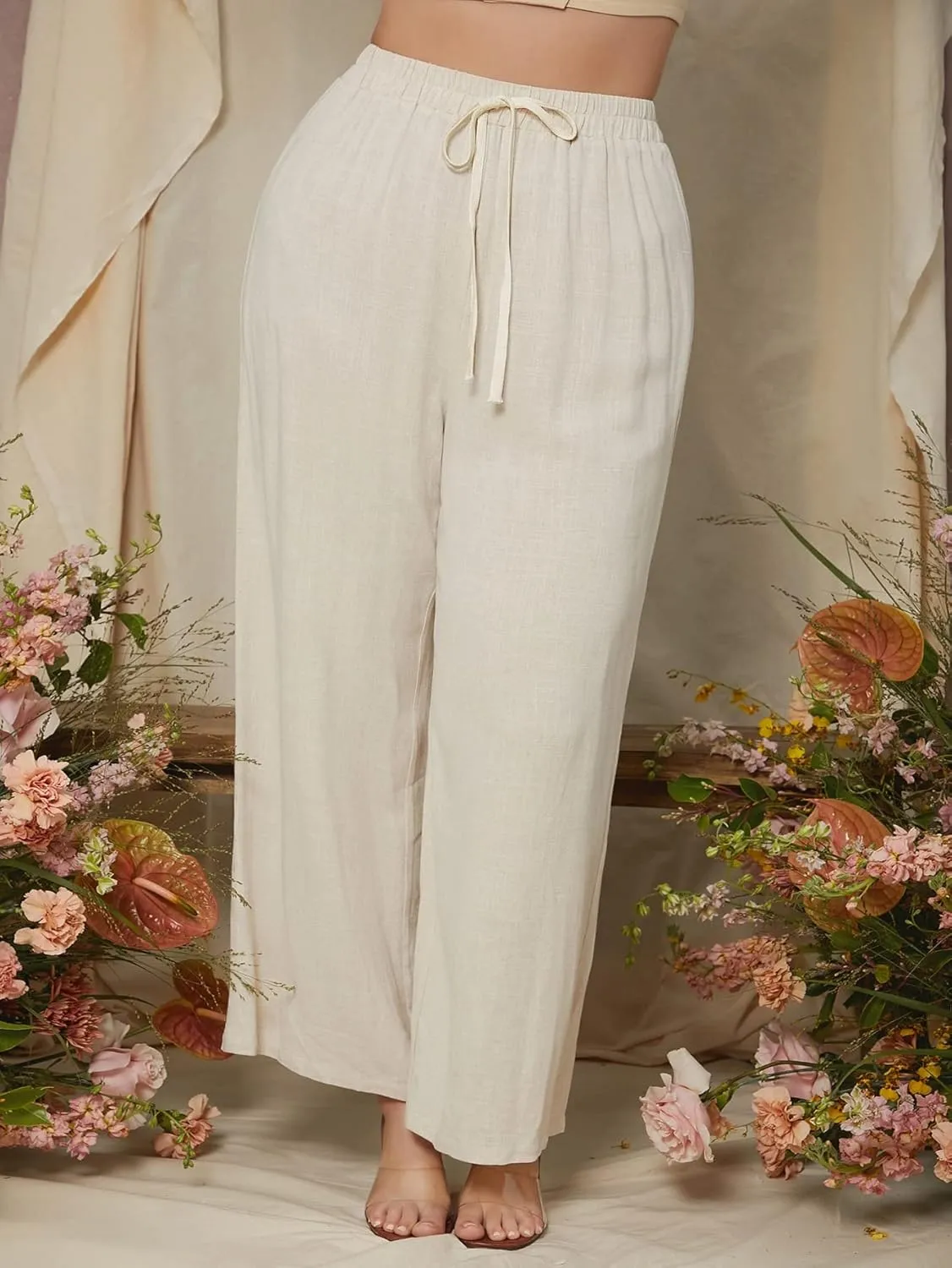 MakeMeChic Women's Casual Plus Size High Waist Trousers Drawstring Wide Leg Long Pants