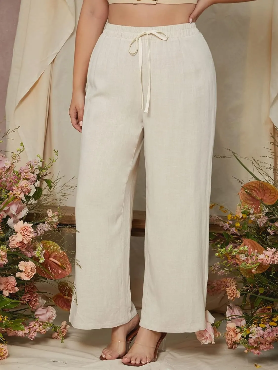 MakeMeChic Women's Casual Plus Size High Waist Trousers Drawstring Wide Leg Long Pants