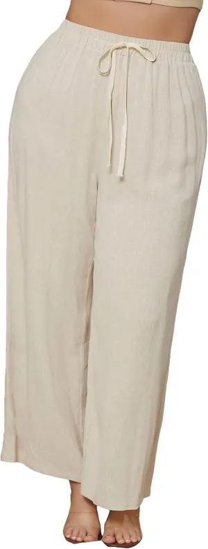 MakeMeChic Women's Casual Plus Size High Waist Trousers Drawstring Wide Leg Long Pants