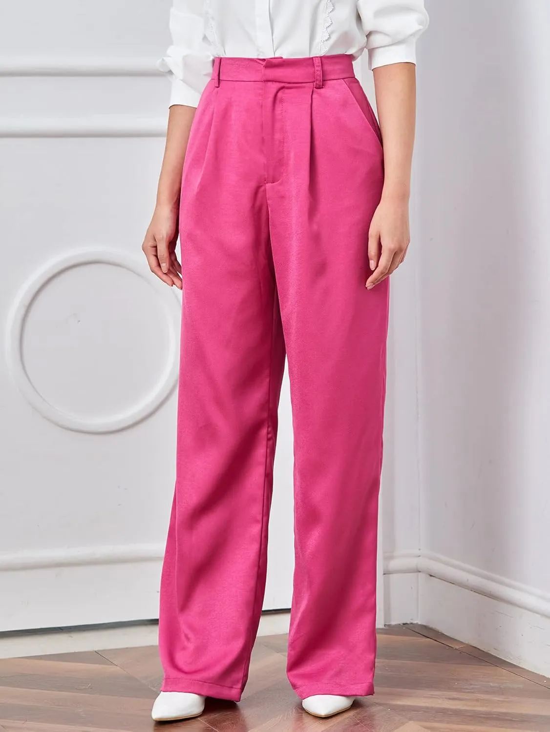 MakeMeChic Women's Satin Silk High Waisted Wide Leg Pants with Pockets