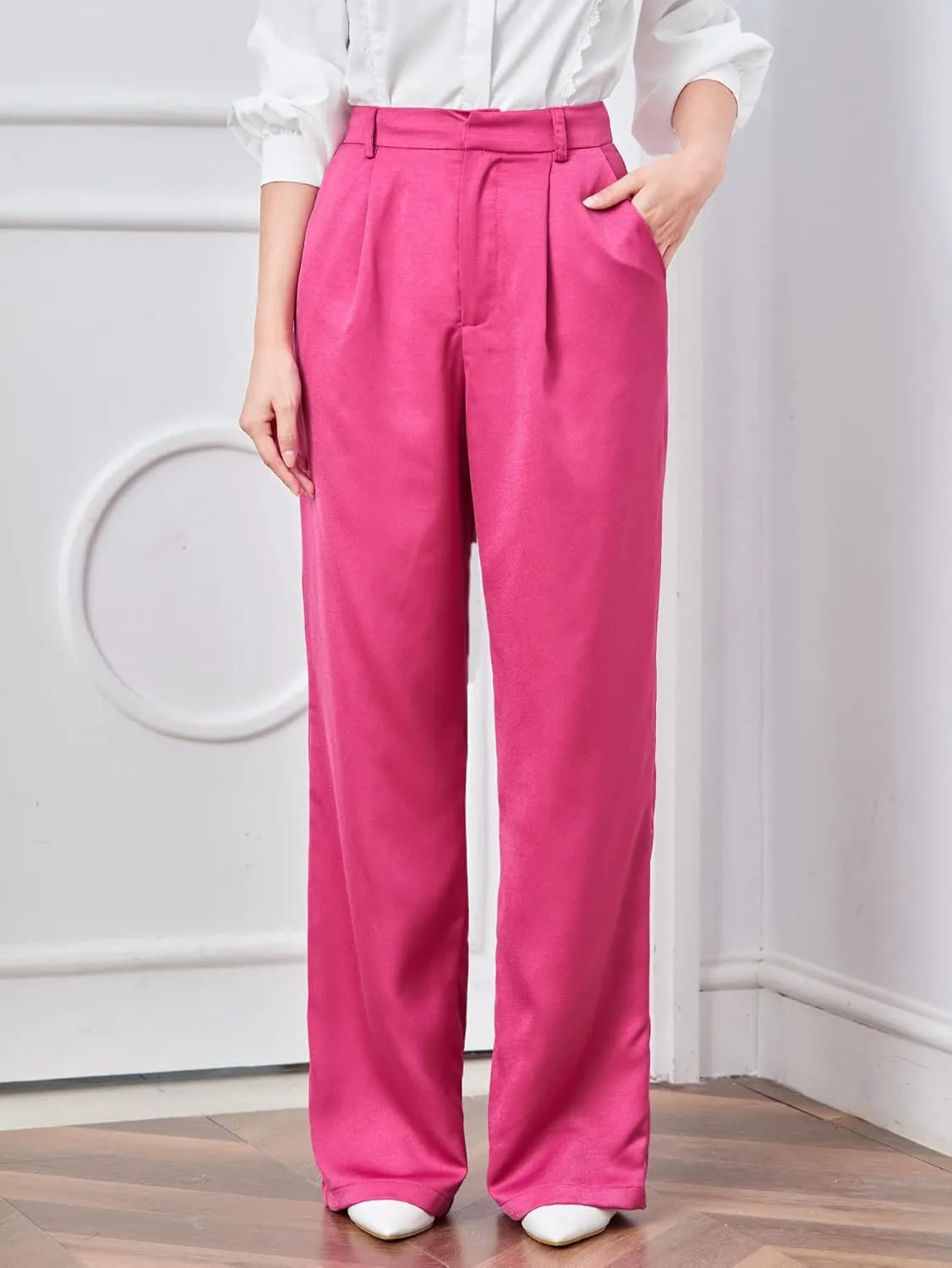 MakeMeChic Women's Satin Silk High Waisted Wide Leg Pants with Pockets