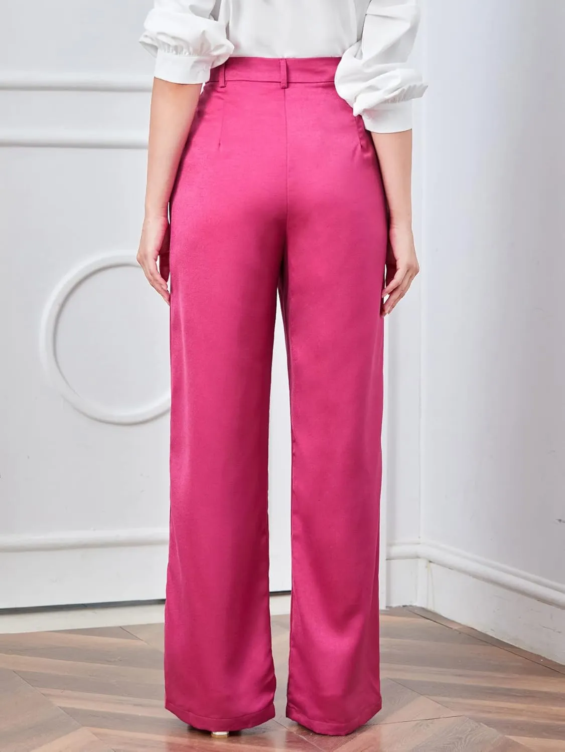 MakeMeChic Women's Satin Silk High Waisted Wide Leg Pants with Pockets