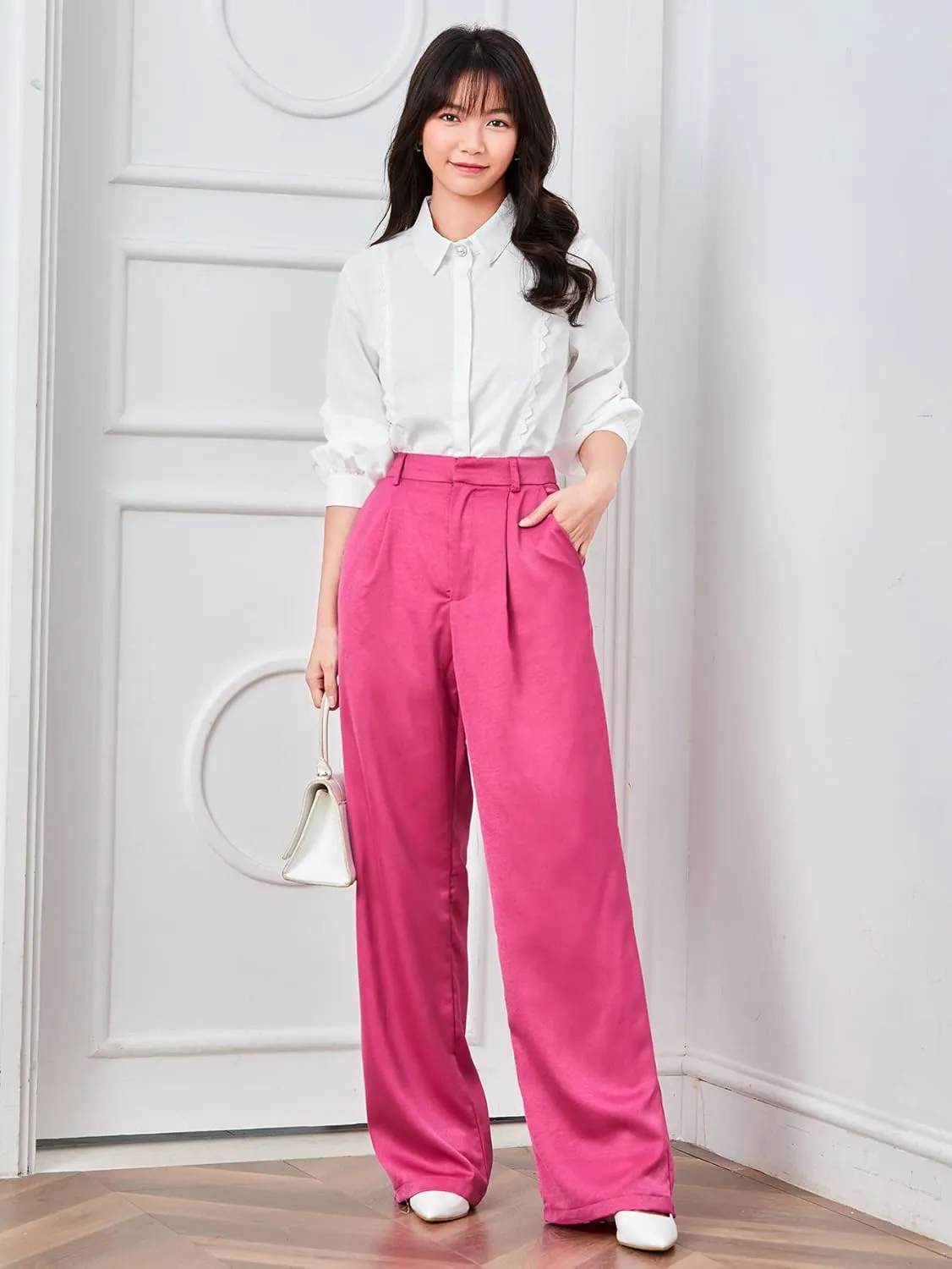 MakeMeChic Women's Satin Silk High Waisted Wide Leg Pants with Pockets