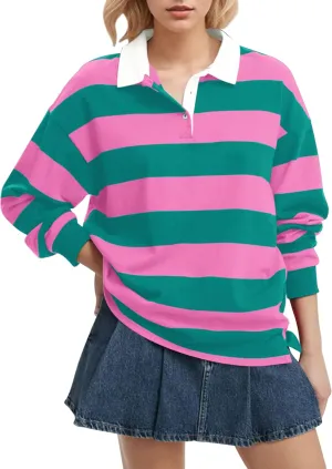 Meladyan Womens Oversized Striped Polo Sweatshirt Long Sleeve V Neck Lapel Collared Polo Shirts 2024 Fall Fashion Clothing