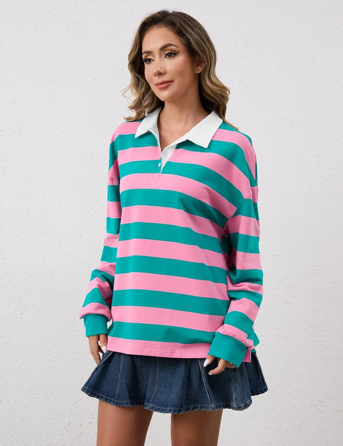 Meladyan Womens Oversized Striped Polo Sweatshirt Long Sleeve V Neck Lapel Collared Polo Shirts 2024 Fall Fashion Clothing