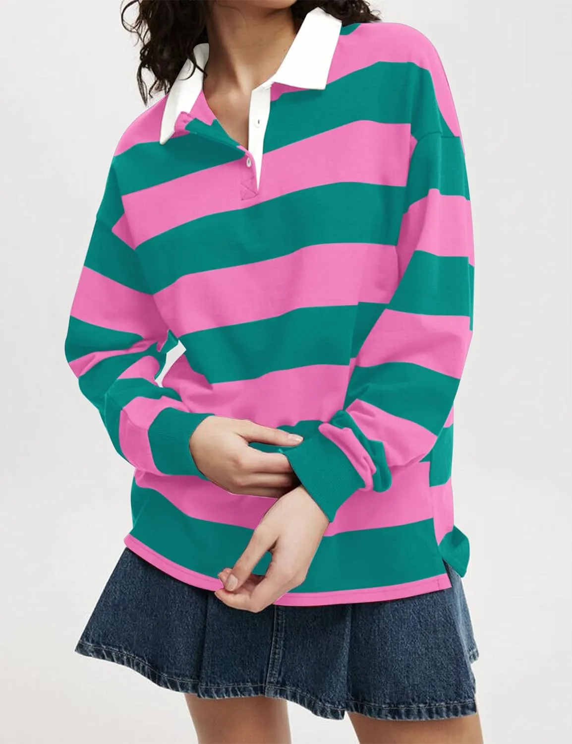 Meladyan Womens Oversized Striped Polo Sweatshirt Long Sleeve V Neck Lapel Collared Polo Shirts 2024 Fall Fashion Clothing