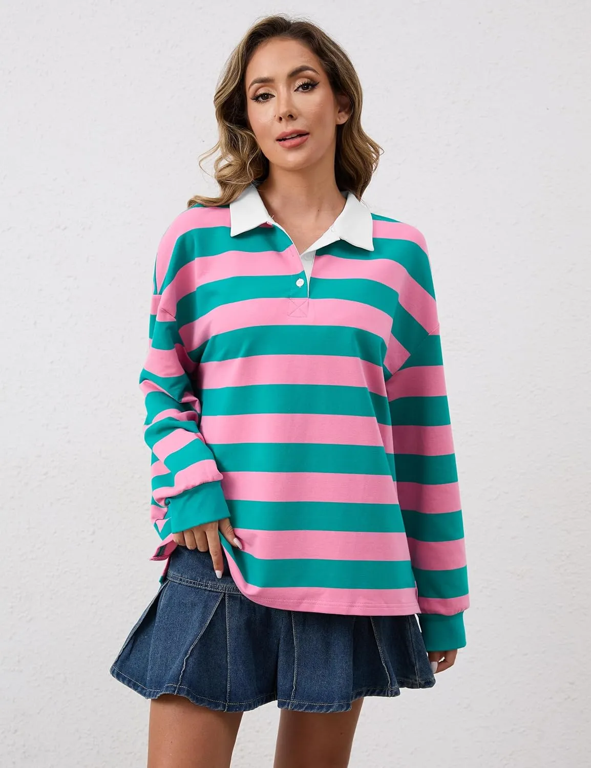 Meladyan Womens Oversized Striped Polo Sweatshirt Long Sleeve V Neck Lapel Collared Polo Shirts 2024 Fall Fashion Clothing