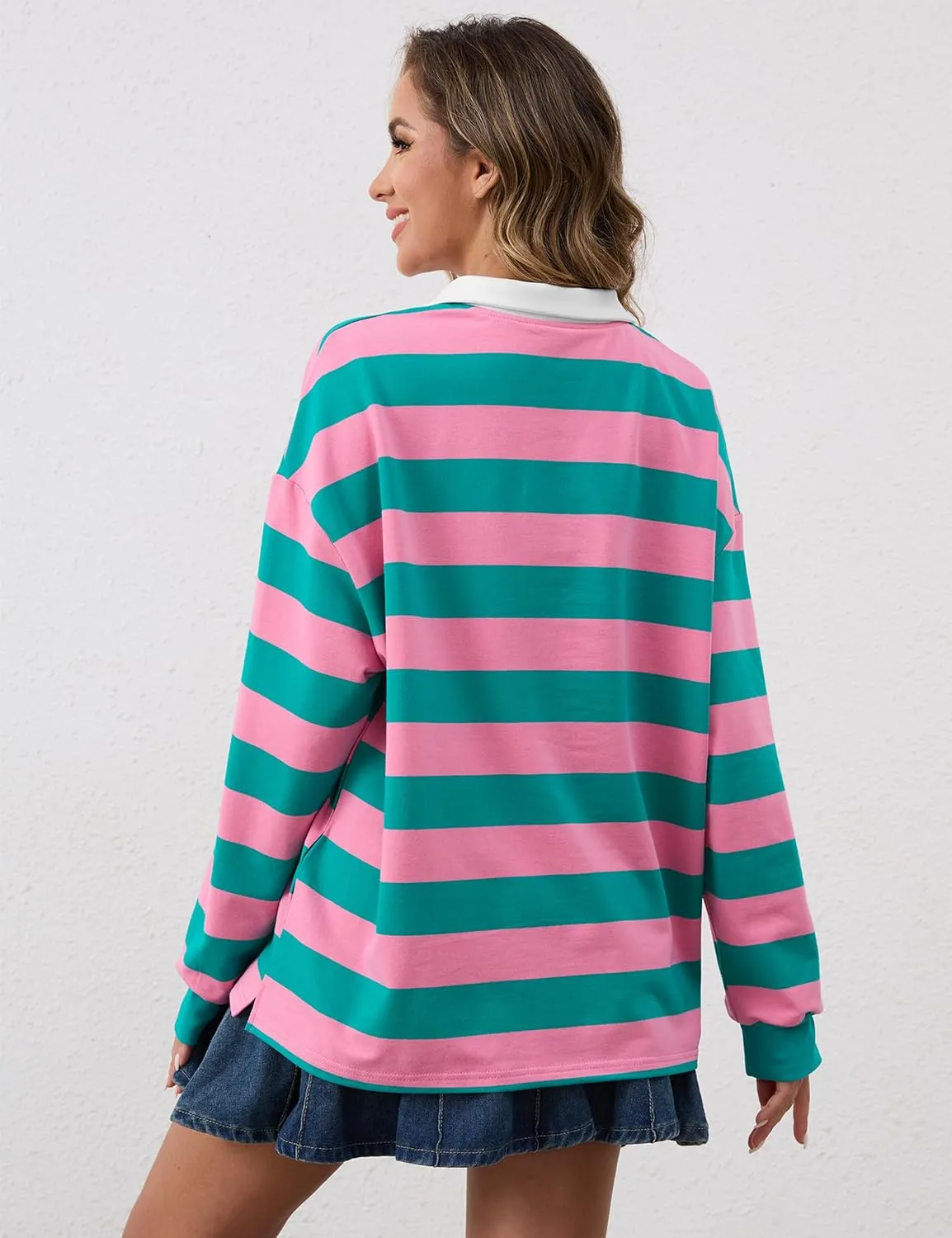 Meladyan Womens Oversized Striped Polo Sweatshirt Long Sleeve V Neck Lapel Collared Polo Shirts 2024 Fall Fashion Clothing