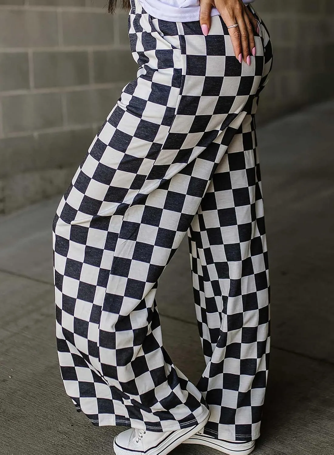 Melliflo Women Loose Wide Leg Straight Plaid Denim Pants Casual High Wasit Checkered Baggy Jeans with Pockets
