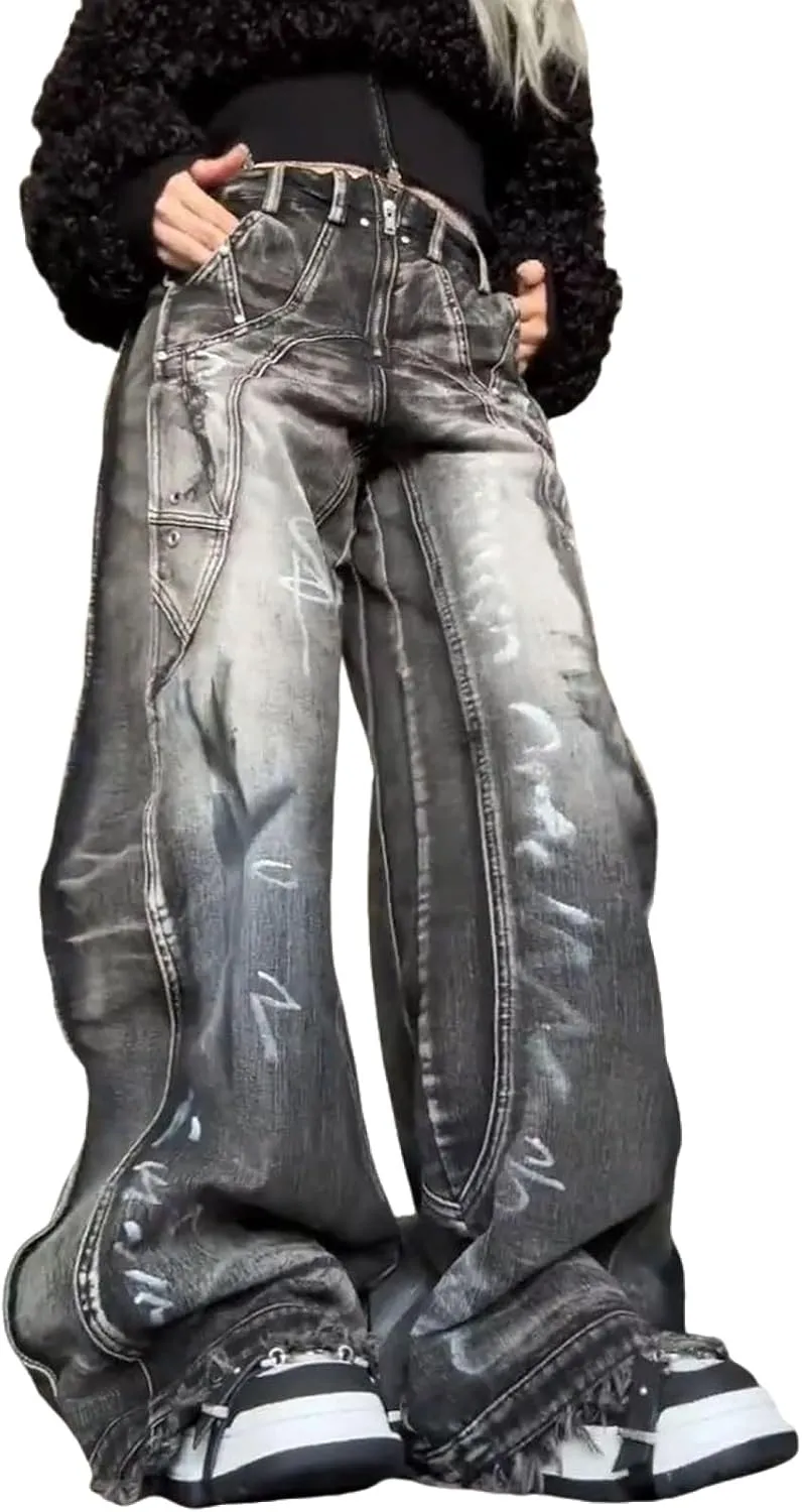 Men's & Women's Retro Y2K Graffiti Patchwork Straight Leg Loose Jeans