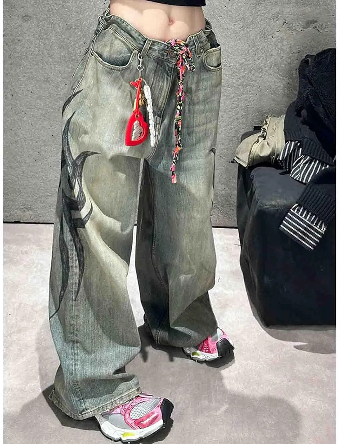 Men's and Women's Y2K Streetwear Loose Jeans Retro Totem Print Gothic Pants high Waist Wide Leg Harajuku Hip-hop Pants