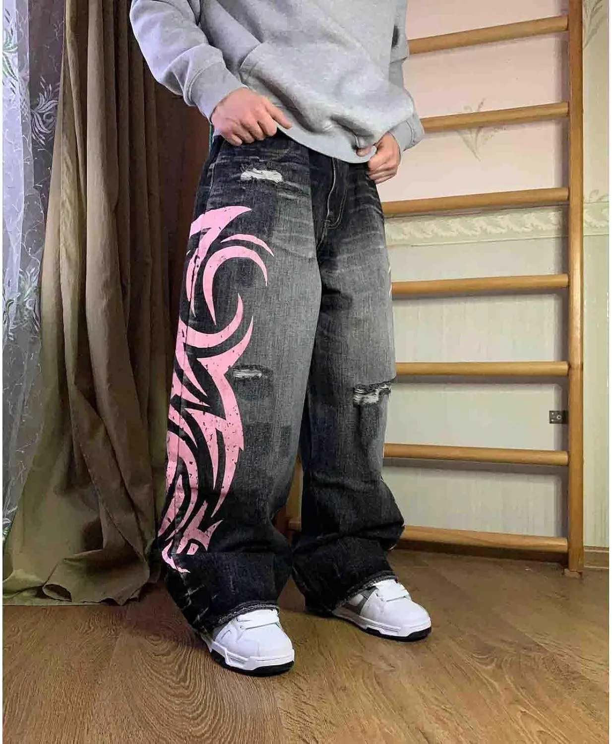 Men's and Women's Y2K Streetwear Loose Jeans Retro Totem Print Gothic Pants high Waist Wide Leg Harajuku Hip-hop Pants