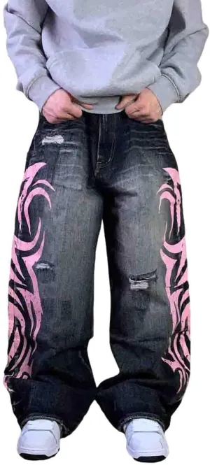 Men's and Women's Y2K Streetwear Loose Jeans Retro Totem Print Gothic Pants high Waist Wide Leg Harajuku Hip-hop Pants