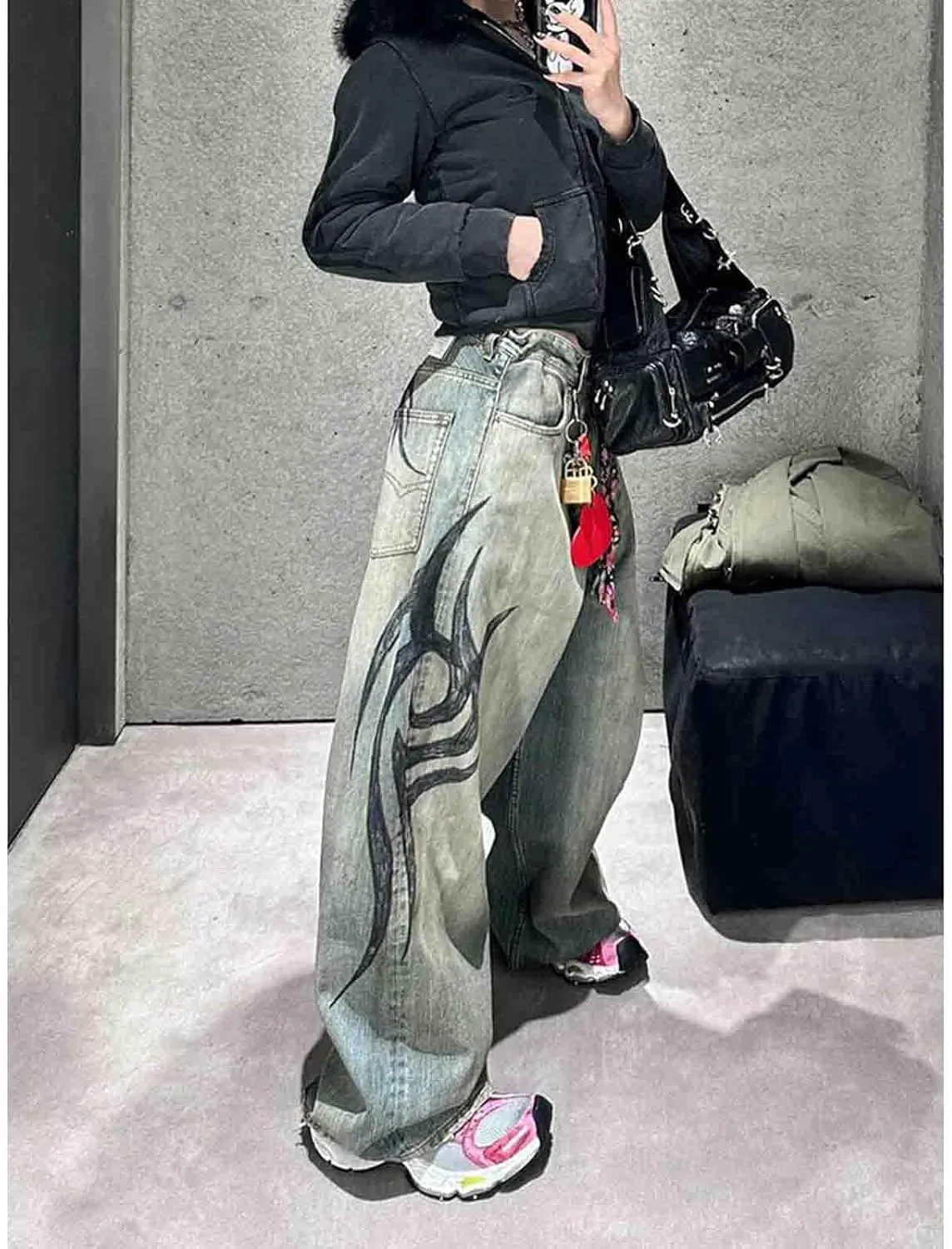 Men's and Women's Y2K Streetwear Loose Jeans Retro Totem Print Gothic Pants high Waist Wide Leg Harajuku Hip-hop Pants