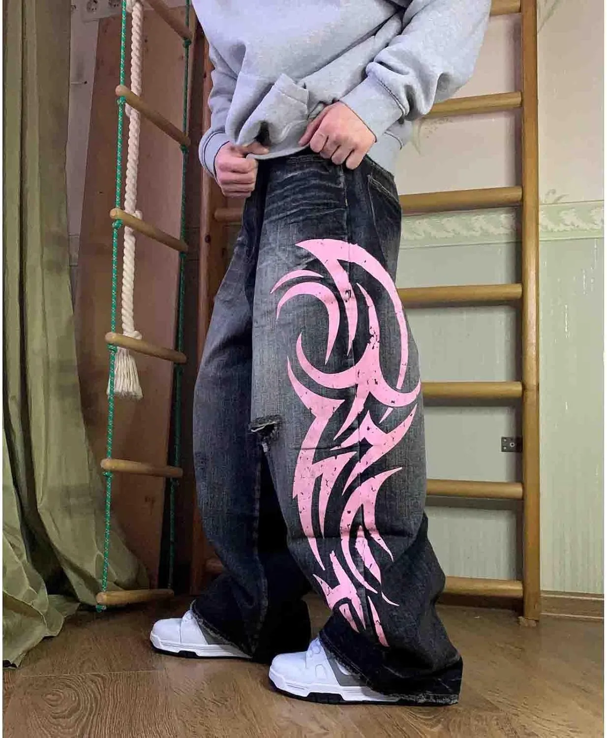Men's and Women's Y2K Streetwear Loose Jeans Retro Totem Print Gothic Pants high Waist Wide Leg Harajuku Hip-hop Pants