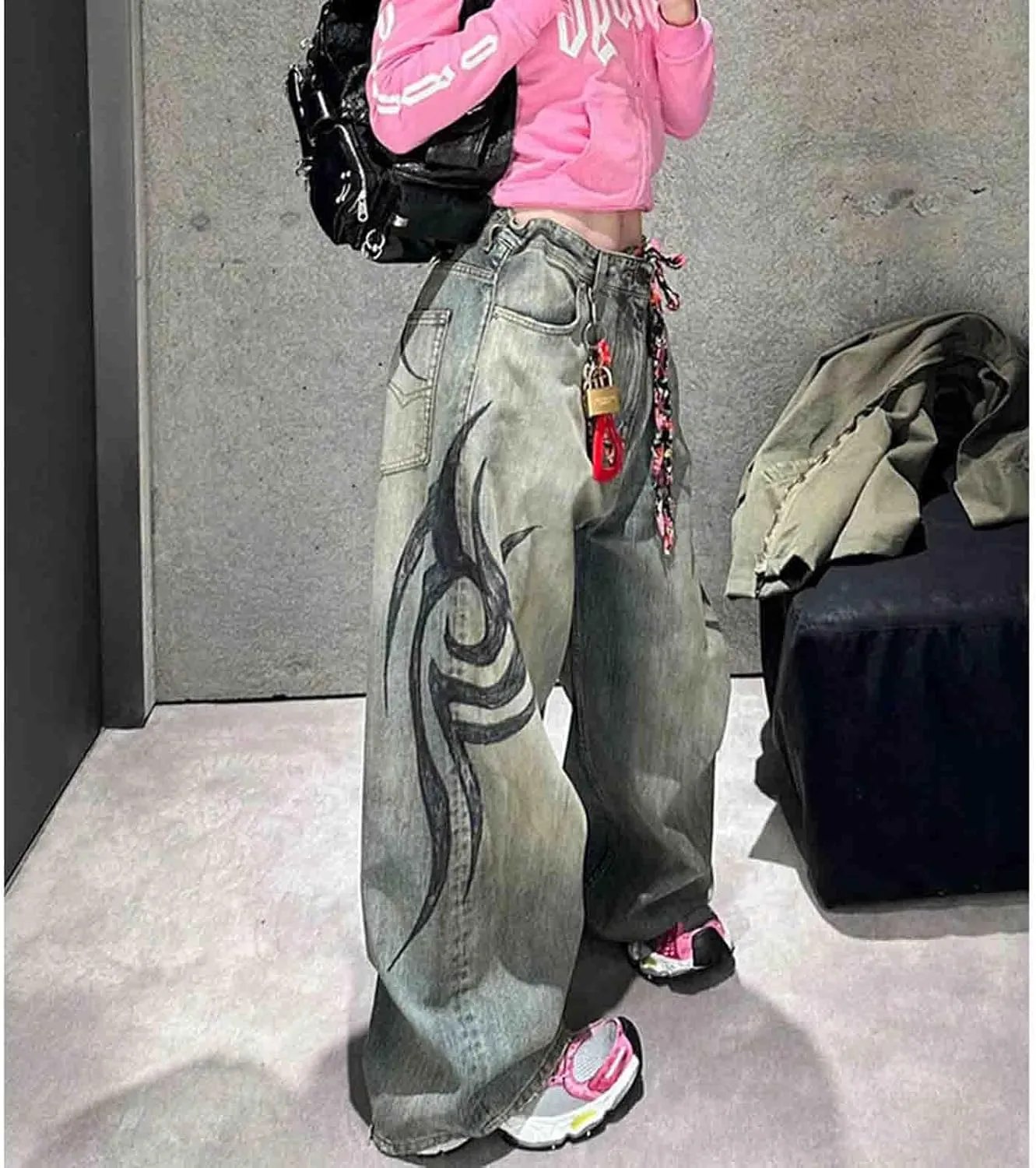 Men's and Women's Y2K Streetwear Loose Jeans Retro Totem Print Gothic Pants high Waist Wide Leg Harajuku Hip-hop Pants