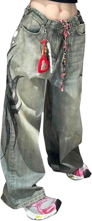 Men's and Women's Y2K Streetwear Loose Jeans Retro Totem Print Gothic Pants high Waist Wide Leg Harajuku Hip-hop Pants