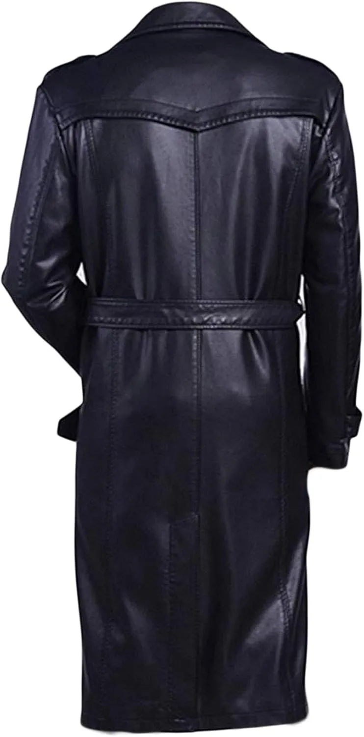Mens Full-Length Long Trench Coat  Premium 100% Real Leather Double Breasted Overcoats