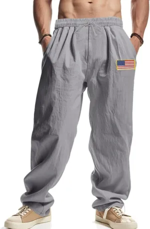 Mens Linen Pants Casual Fashion Vintage Loose Fit Wide Legs Trousers Solid Color Drawstring Waisted Pants Pockets