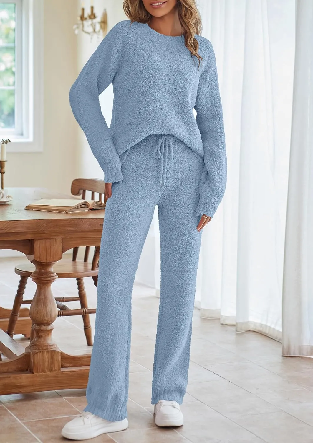MEROKEETY Womens Fuzzy Fleece Long Sleeve 2 Piece Loungewear Outfits Sweater Pants Pajama Sets