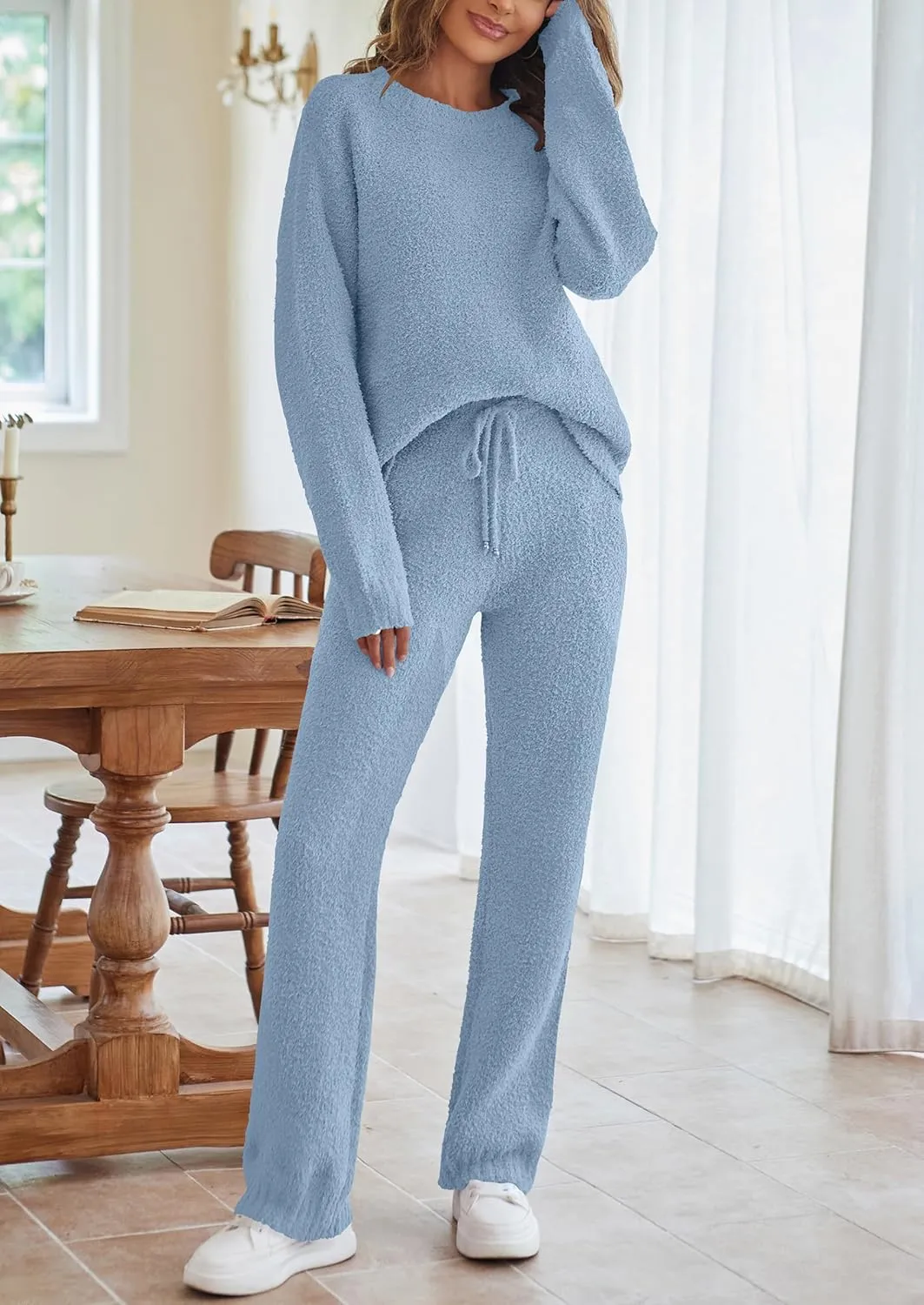 MEROKEETY Womens Fuzzy Fleece Long Sleeve 2 Piece Loungewear Outfits Sweater Pants Pajama Sets