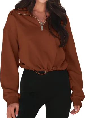MEROKEETY Women's Quarter Zip Crop Sweatshirt Long Sleeve Stand Collar Drawstring Casual Pullover Top