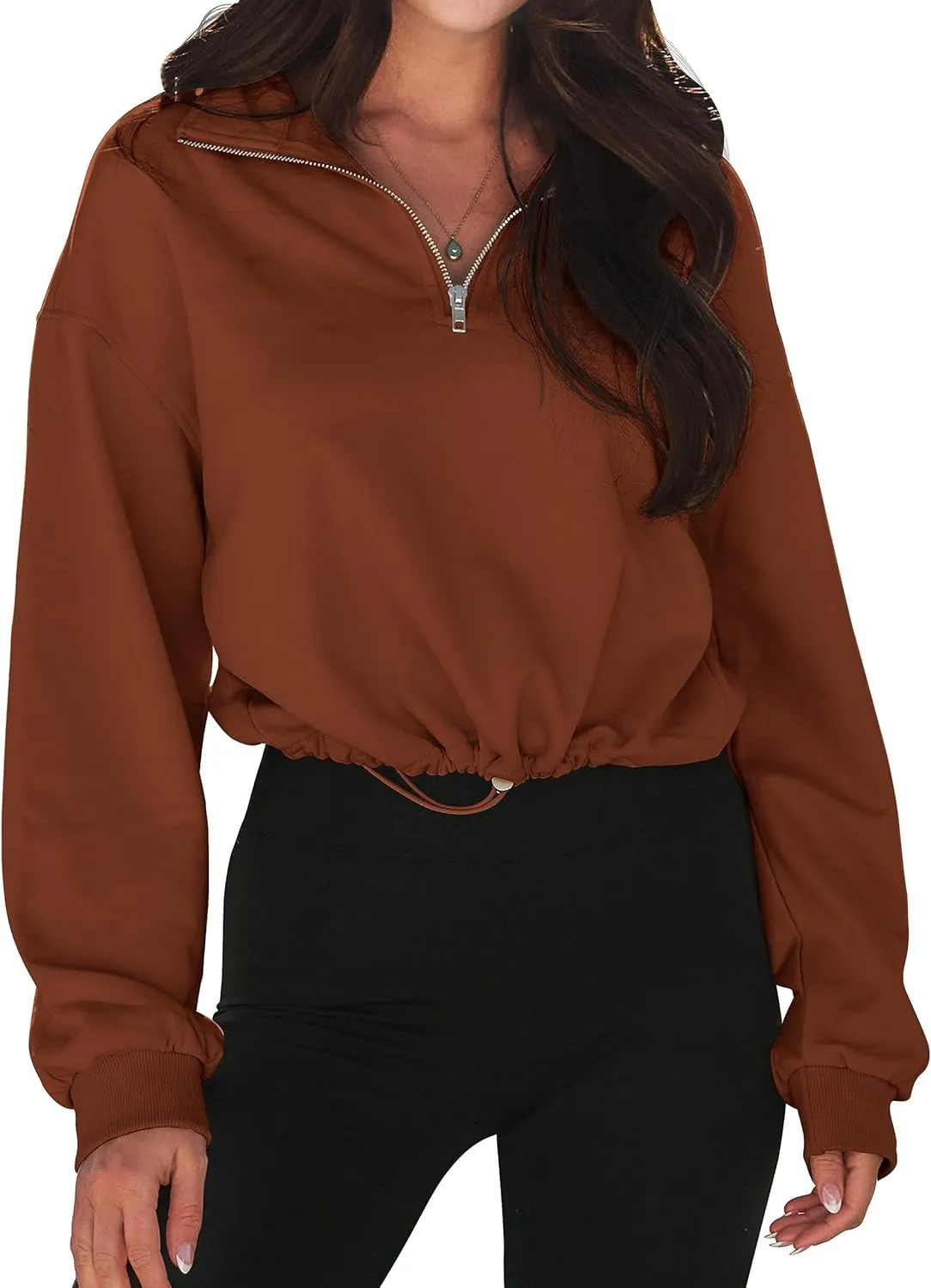 MEROKEETY Women's Quarter Zip Crop Sweatshirt Long Sleeve Stand Collar Drawstring Casual Pullover Top