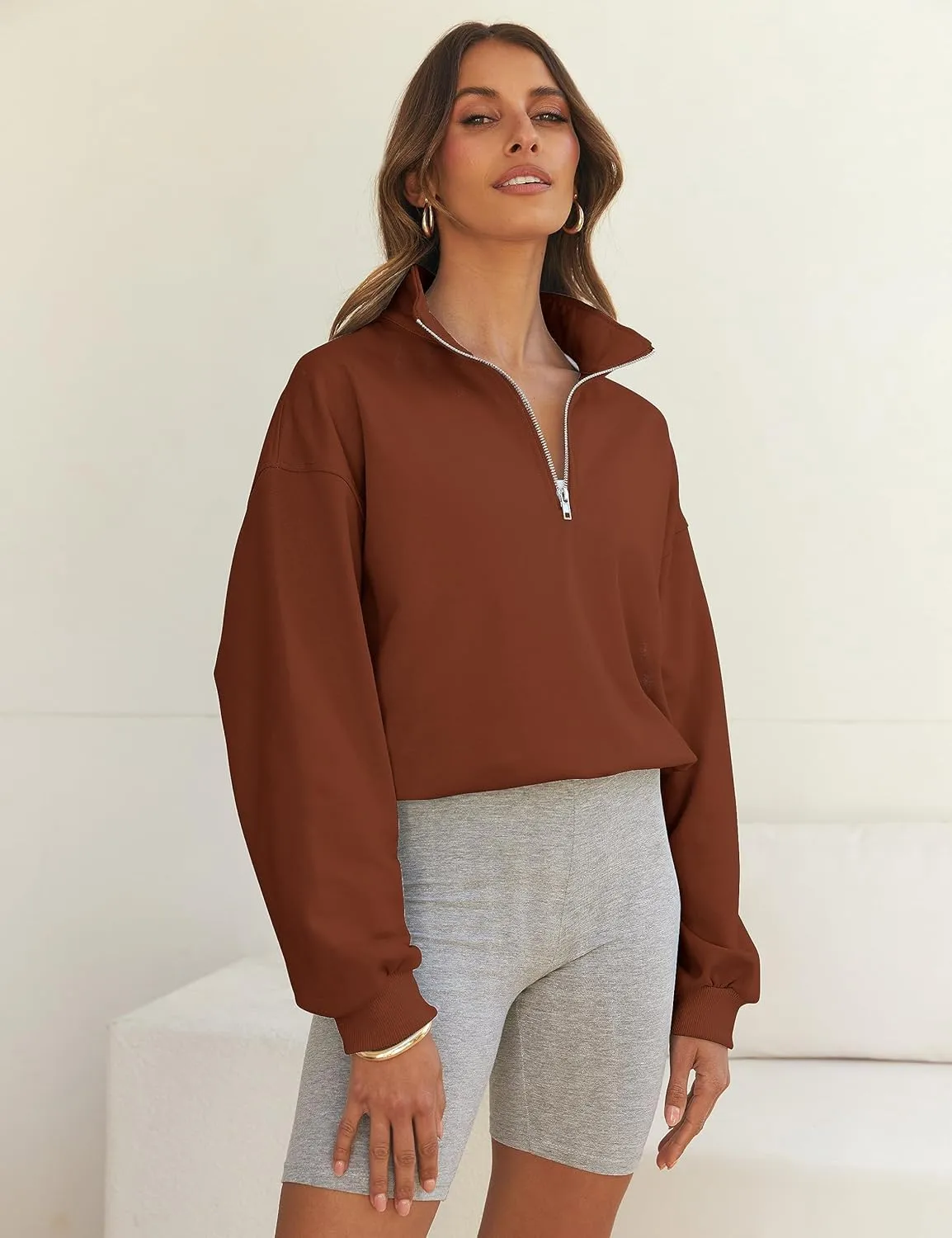 MEROKEETY Women's Quarter Zip Crop Sweatshirt Long Sleeve Stand Collar Drawstring Casual Pullover Top