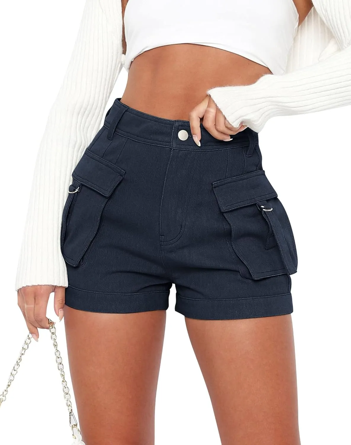Minthunter Womens Casual High Waist Cargo Shorts with Pockets Summer Short Hot Pants