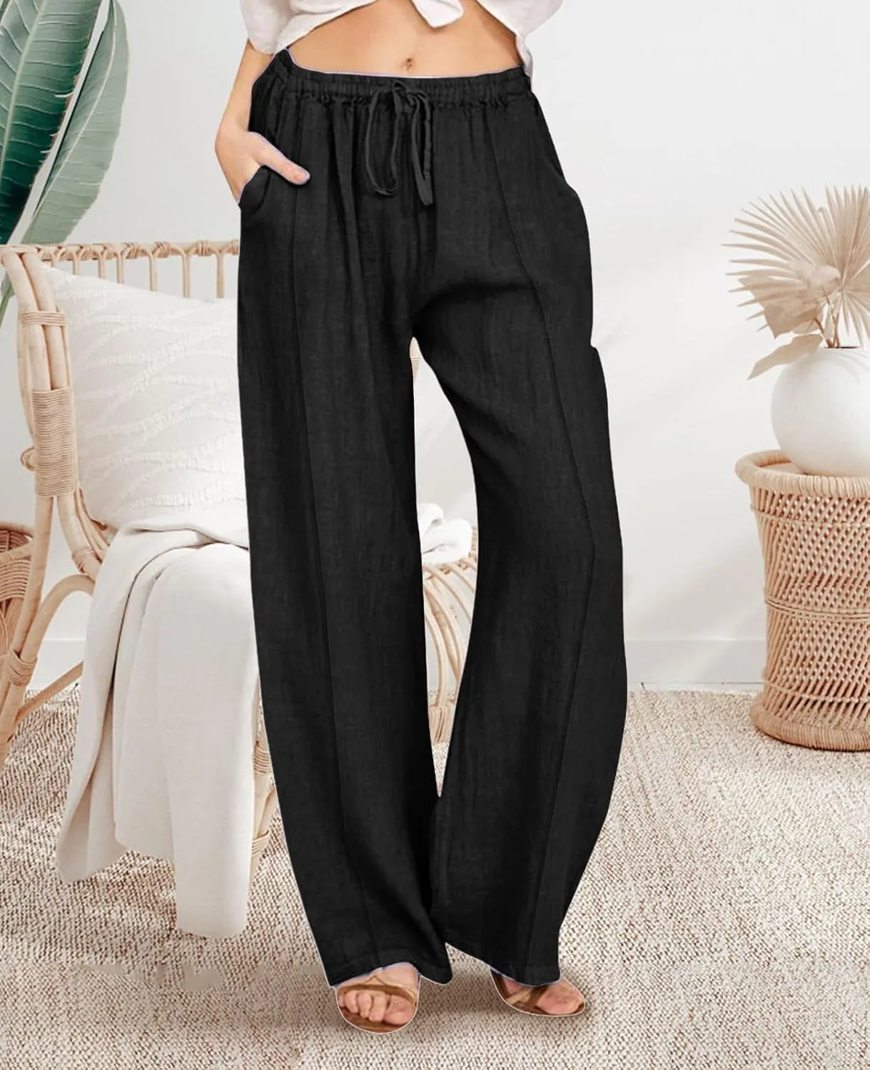 MINTLIMIT Women Linen Palazzo Pants Summer High Waist Beach Lounge Pant Casual Wide Leg Trousers with Pockets