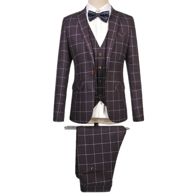 MOGU 2017 New Latest Coat Pant Designs Fashion Plaid Suits For Men Slim Fit 3 Piece Suit Men Plus Size M-6XL Suits For Men